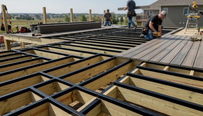 Deck framing with joist tape over pressure-treated joists as composite decking goes down